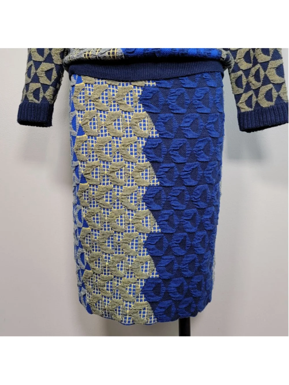 Kerisma Knit Crew Neck Sweater Pencil Midi Skirt Matching Set Blue Geometric S